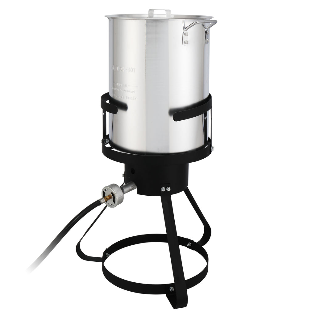 Pot on the burner stand with the regulator hose attached