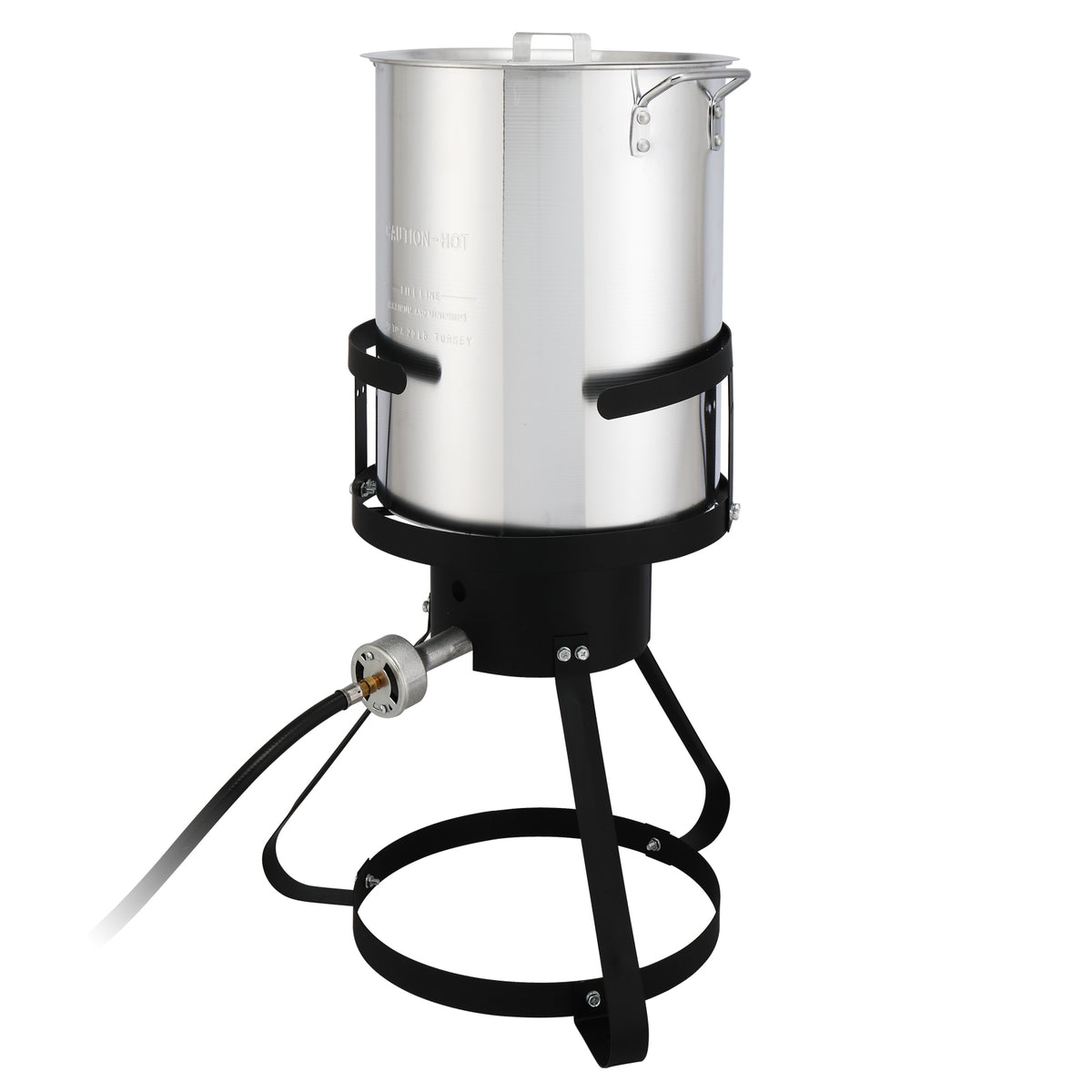 Pot on the burner stand with the regulator hose attached