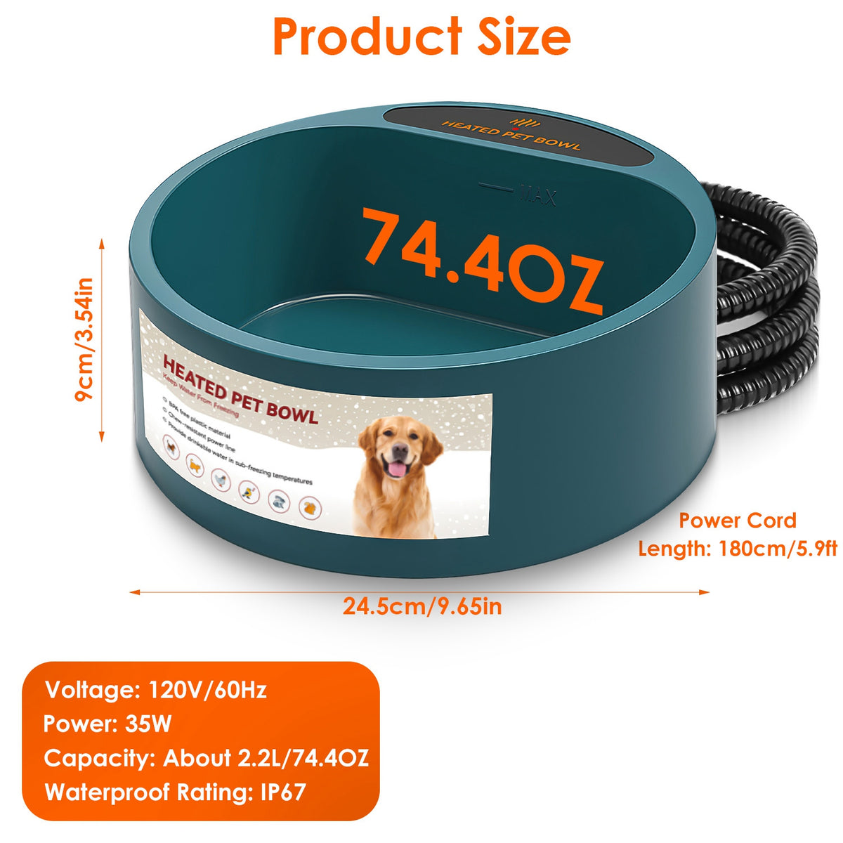 Heated pet water bowl size and specification diagram