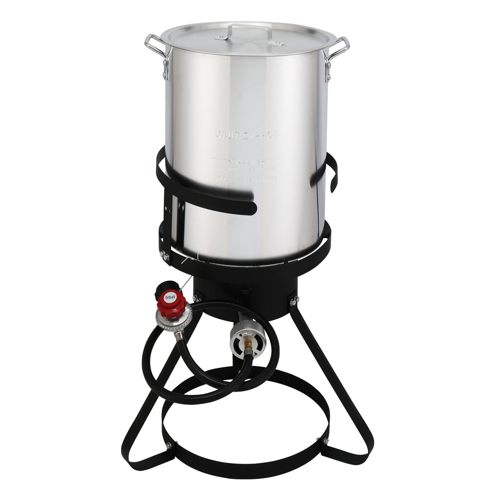 Turkey fryer pot with the probe thermometer clipped in place