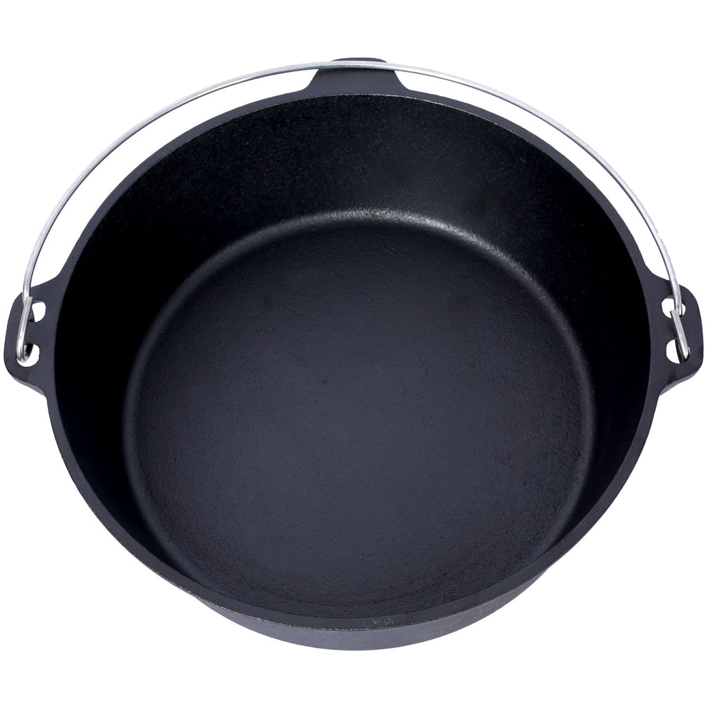 Looking down into the empty pot showing the smooth interior and the bail handle