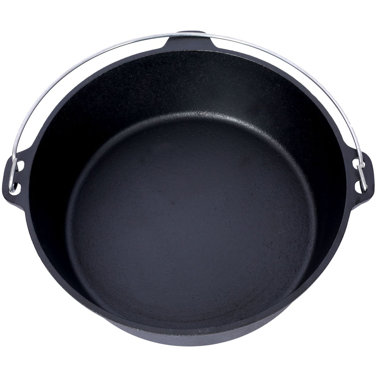 Looking down into the empty pot showing the smooth interior and the bail handle