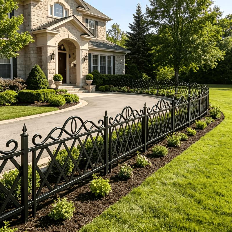 Black decorative fence running along a lawn beside a house
