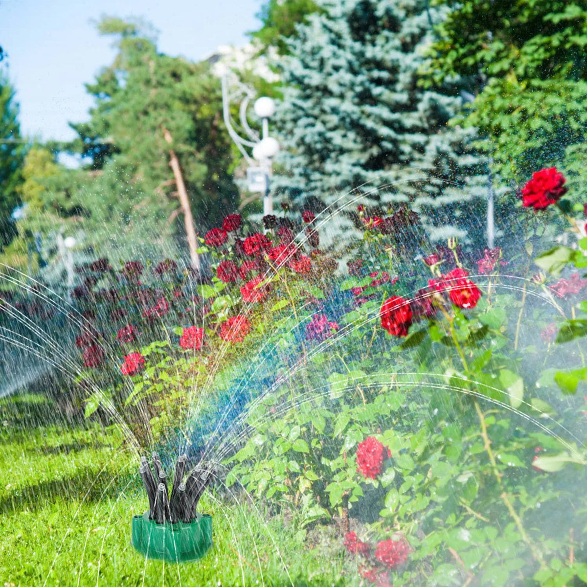 The sprinkler watering a planted bed