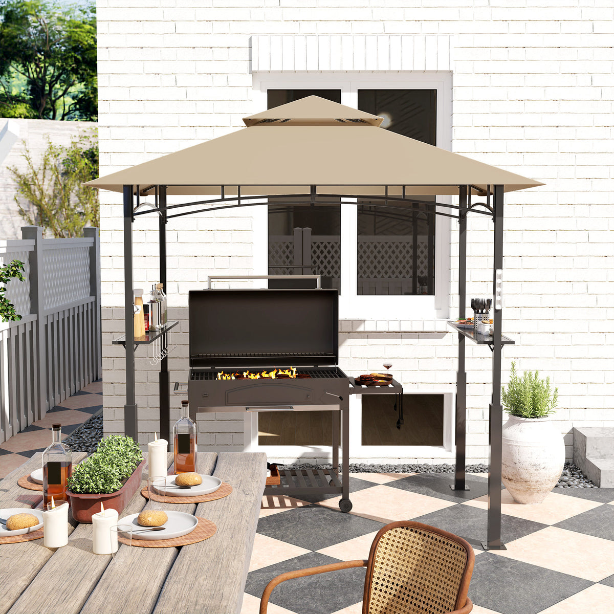 The gazebo on a furnished patio beside a house