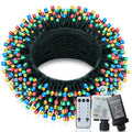 Coiled 197-foot LED string light with its remote and controller