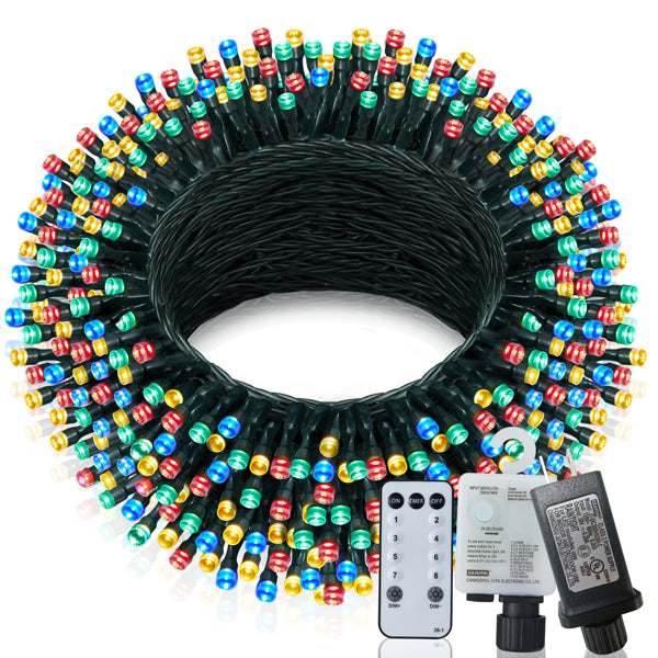 Coiled 197-foot LED string light with its remote and controller