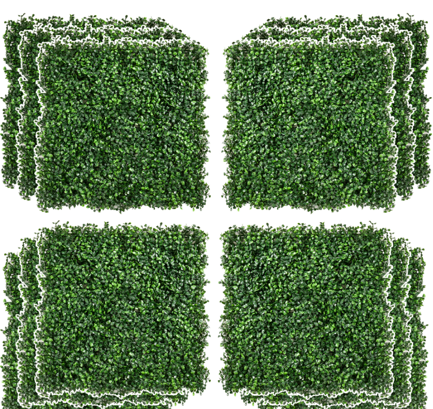 Four artificial boxwood panels showing the two-tone foliage and interlocking edges