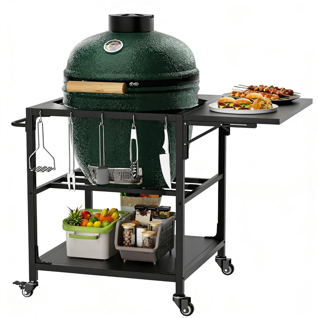 The cart in use, shown with a kamado grill set into the opening. Grill not included.