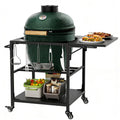 The cart in use, shown with a kamado grill set into the opening. Grill not included.