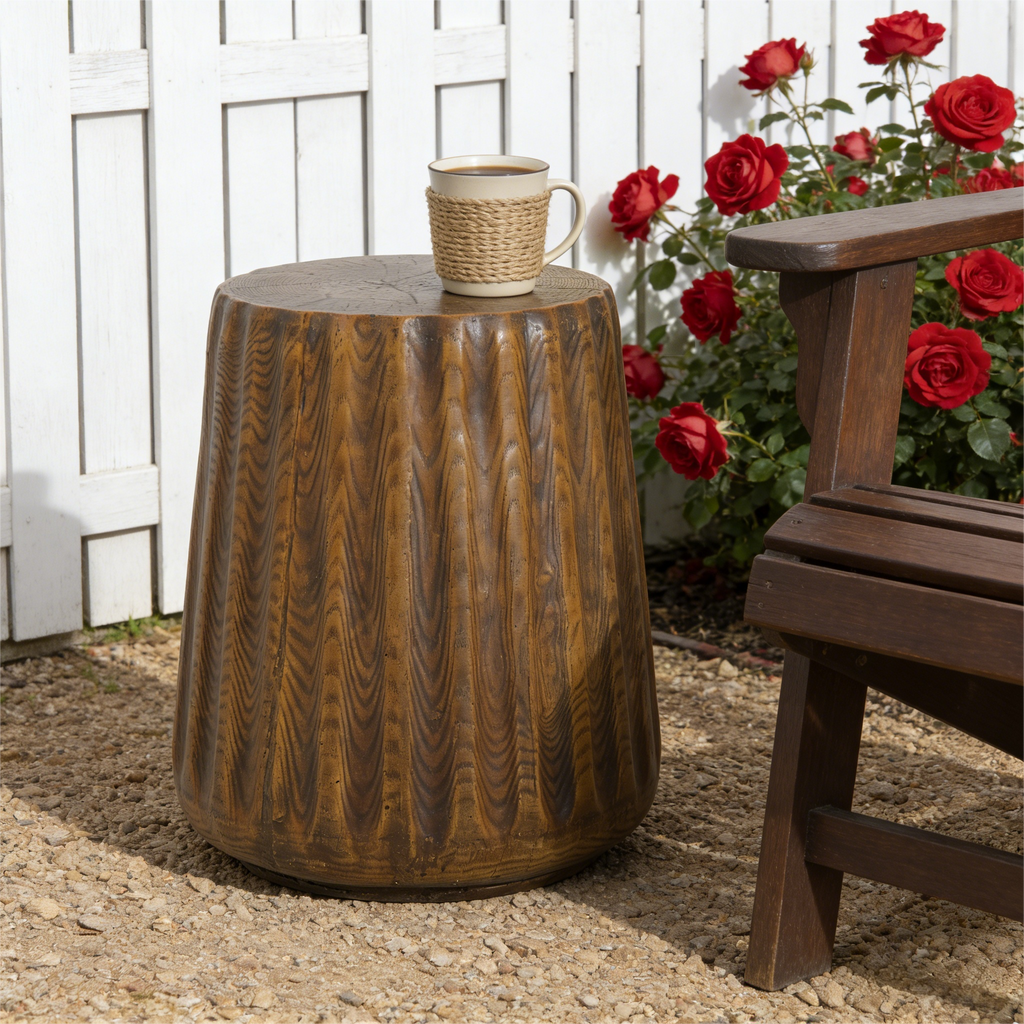 The tree stump side table on gravel by a white fence with red roses, a mug resting on top