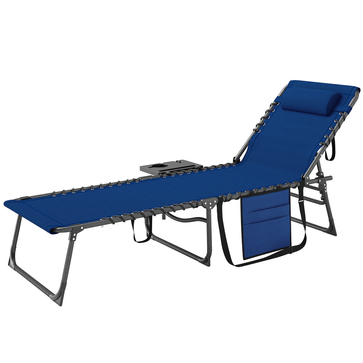 Folding chaise lounge in dark blue with side table