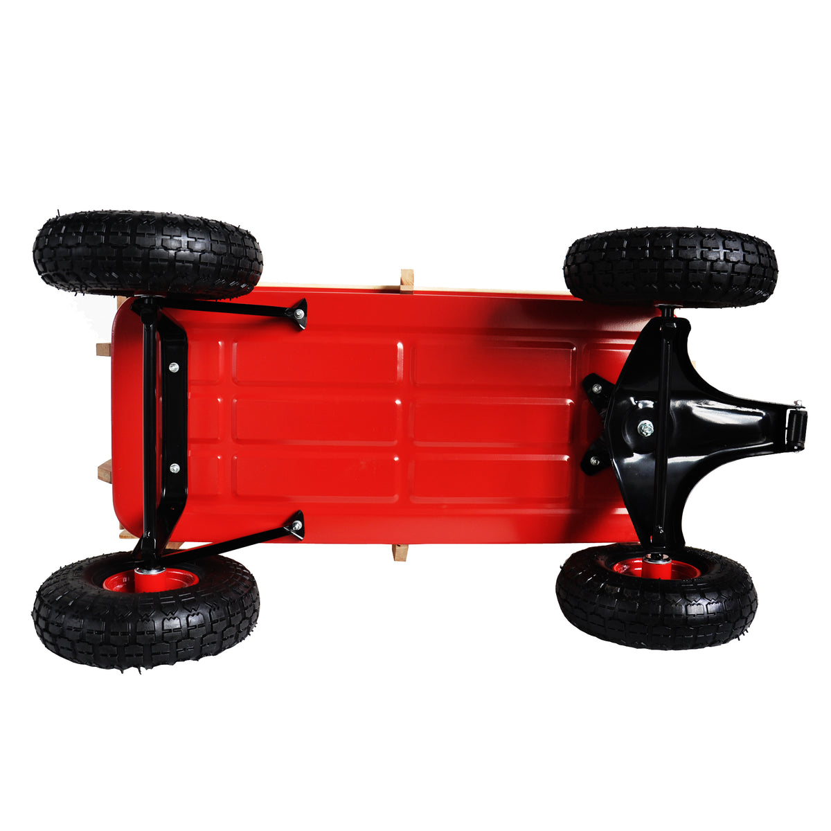 Underside of the wagon showing the steel frame, axles and steering linkage
