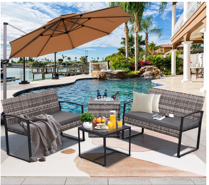 The set arranged beside a pool