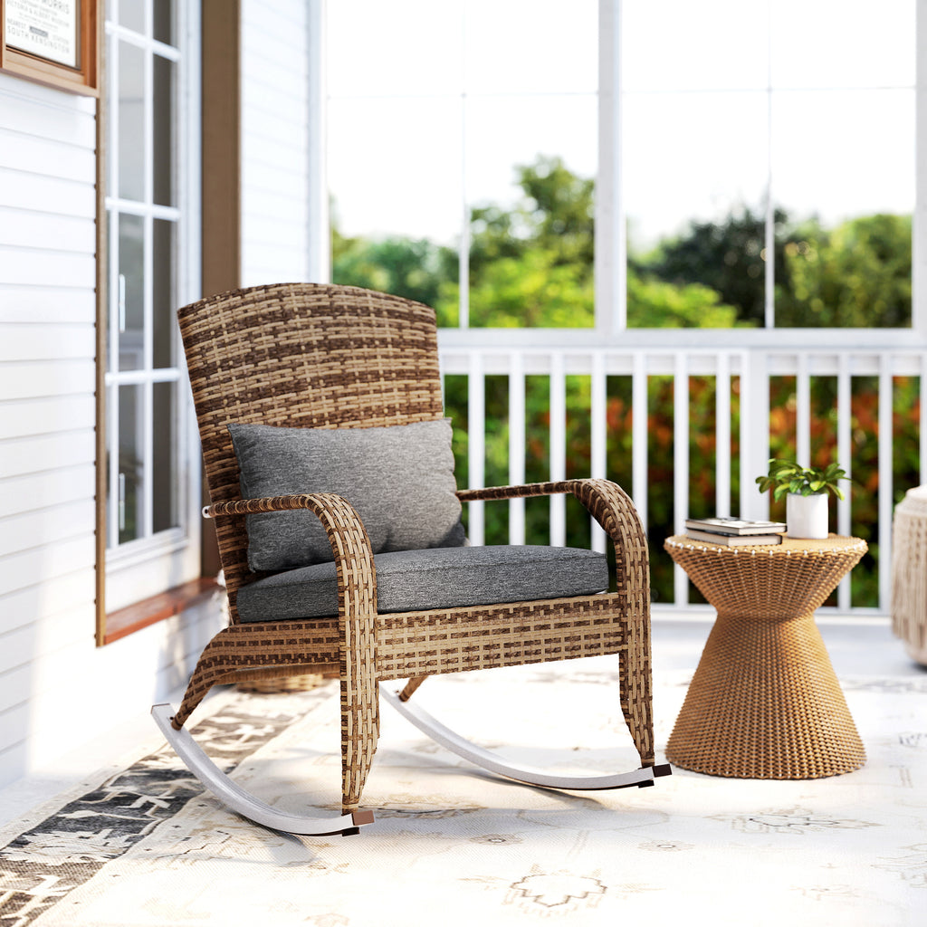Rocking chair on a porch beside a side table
