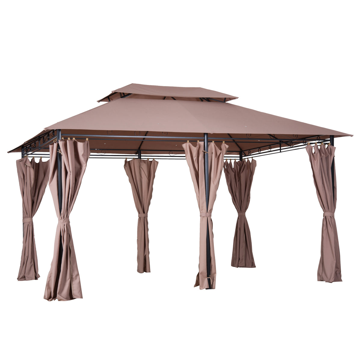 The khaki gazebo with its two-tier roof and side curtains tied back, on a white background