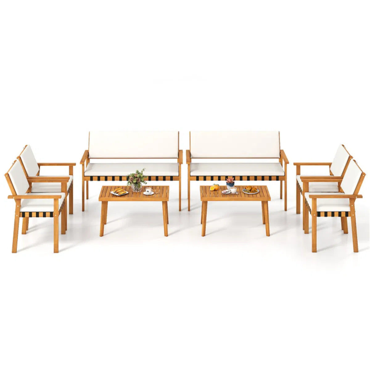 Full set shown from the front with cream cushions