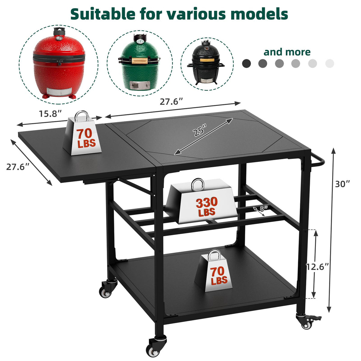 The bare cart with its dimensions and the grill sizes it suits