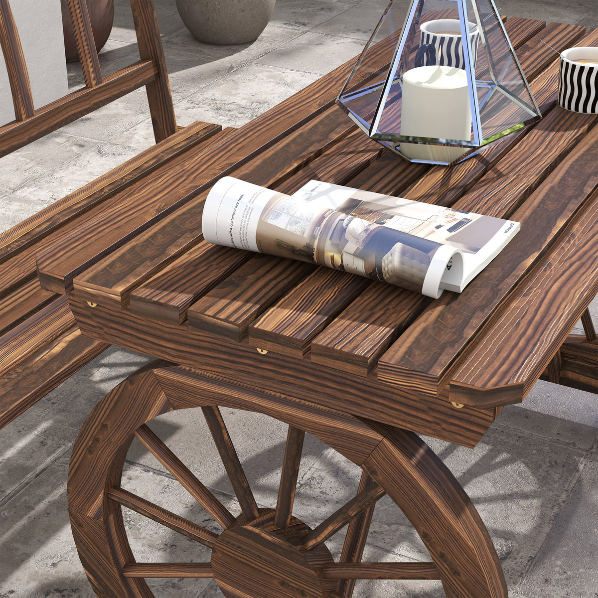 Close view of the slatted tabletop and wheel