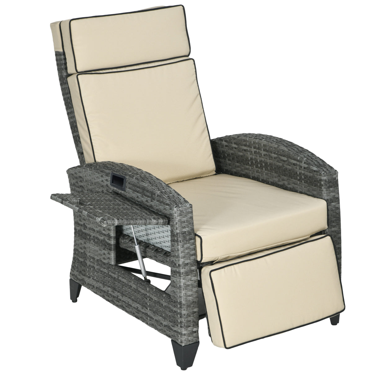 The chair reclined flat with the footrest raised