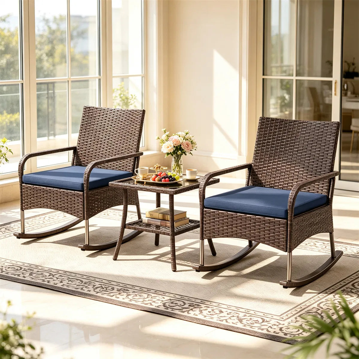 Wicker rocking chair set on a porch with a side table between the chairs