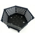 Hexagonal steel fire pit with slatted sides and a log grate