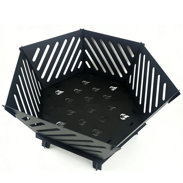 Hexagonal steel fire pit with slatted sides and a log grate
