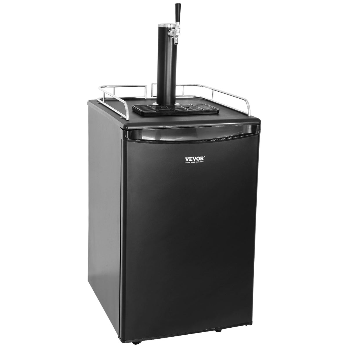 Black kegerator with single tap tower and drip tray