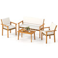 Four-piece acacia wood patio set with loveseat, two armchairs and coffee table