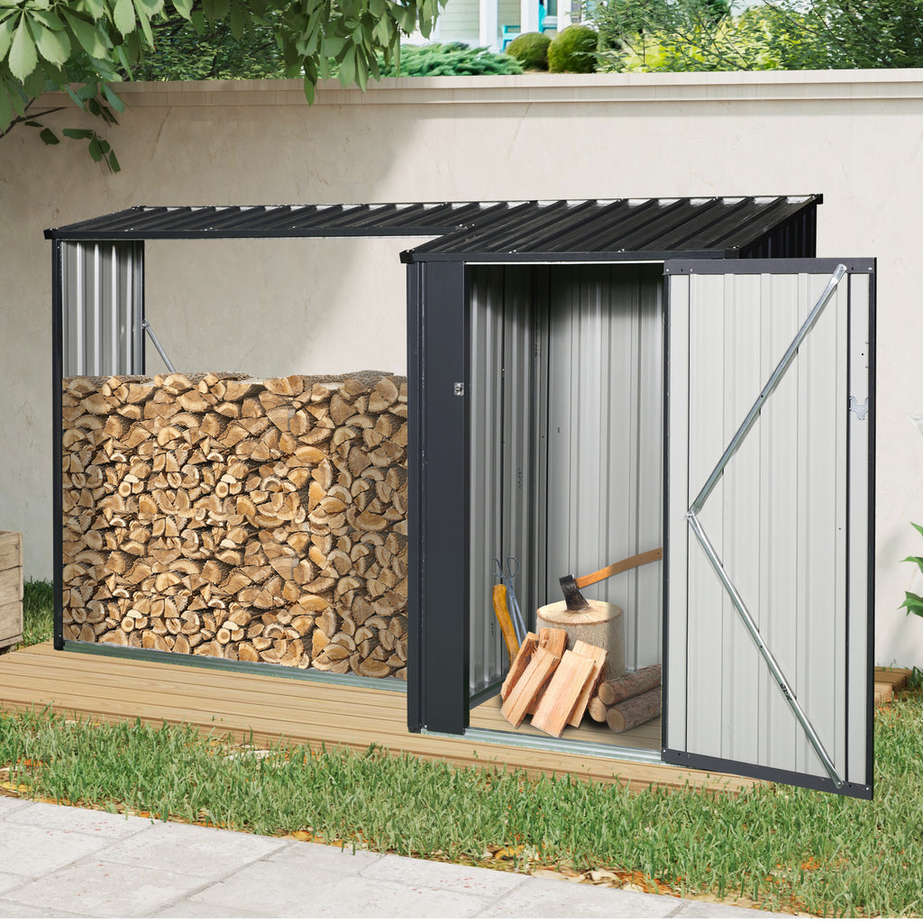 Black steel firewood rack with storage shed beneath