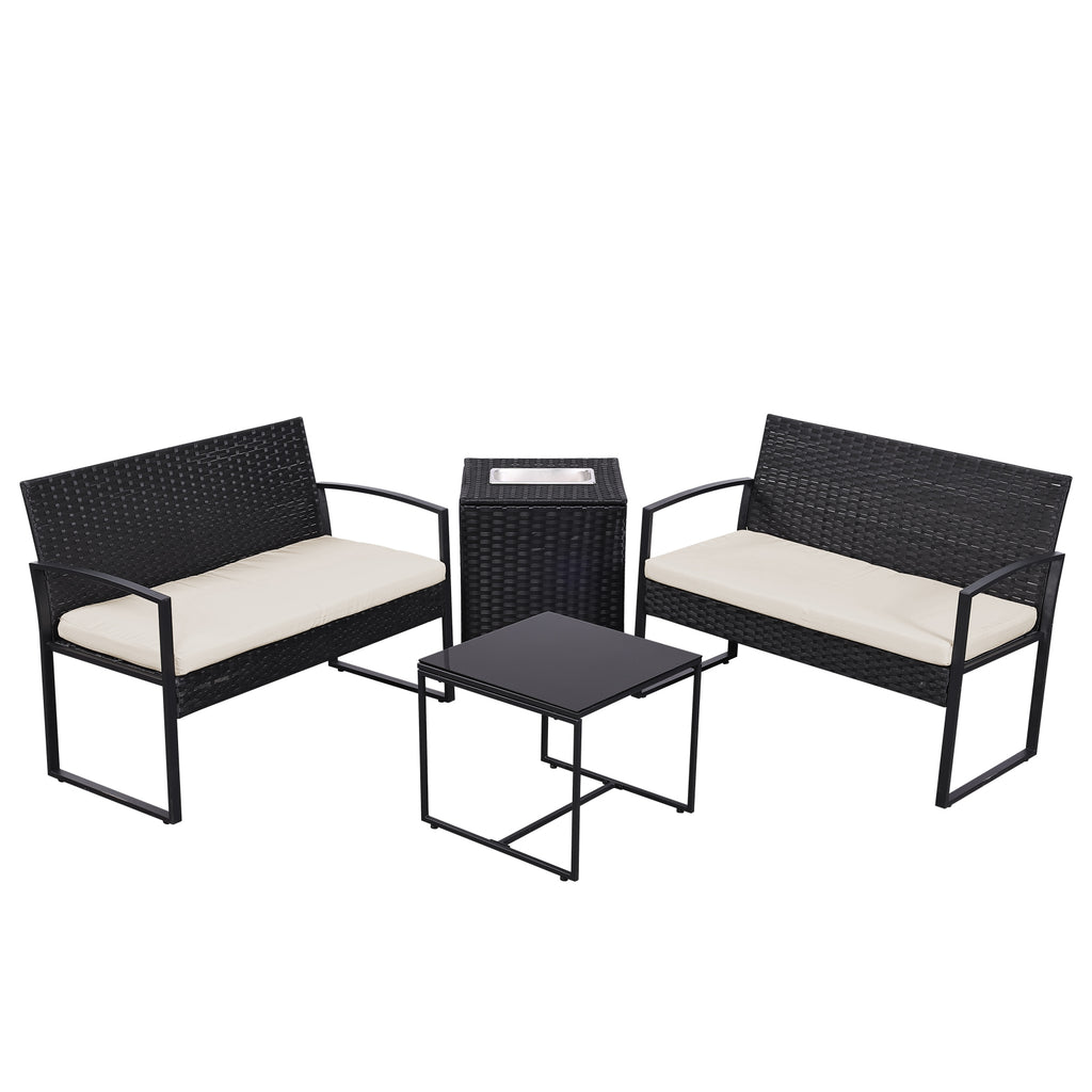Four-piece patio set in black wicker with beige cushions
