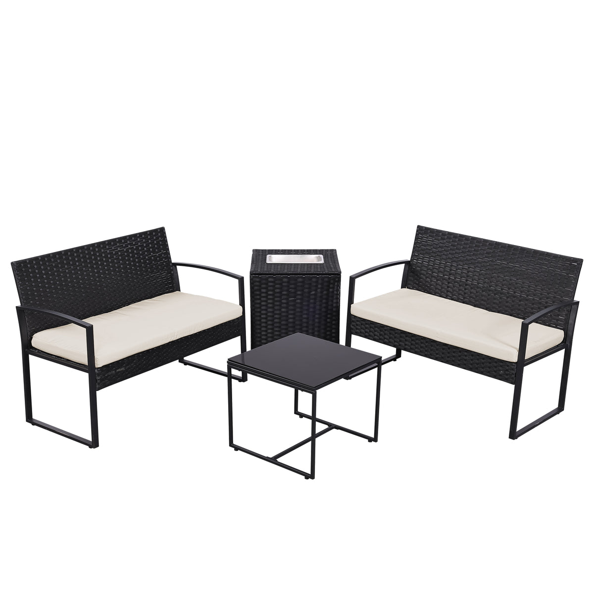 Four-piece patio set in black wicker with beige cushions