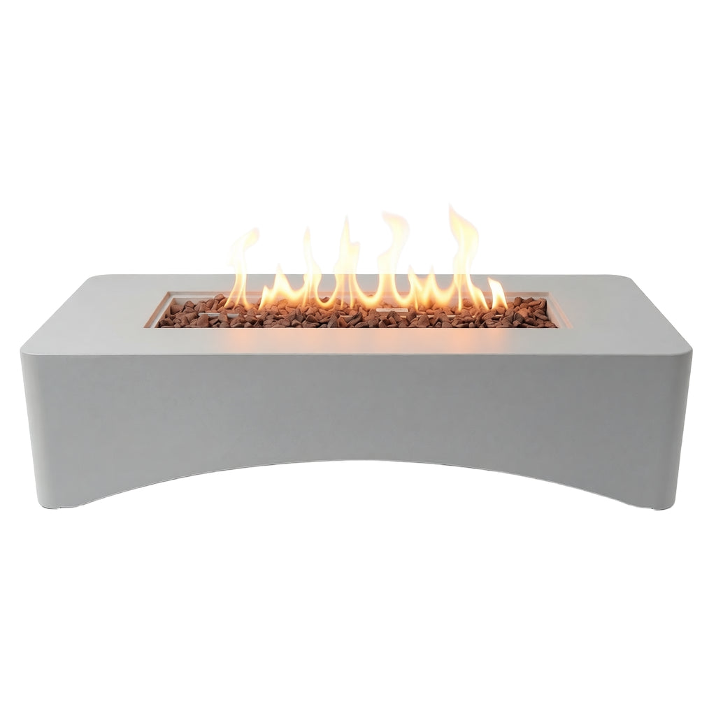 Concrete fire table lit on a patio