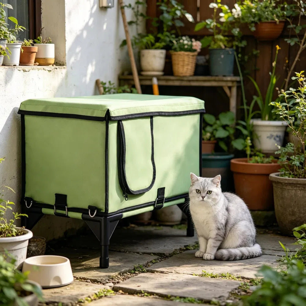 Cat sitting beneath the elevated cat house