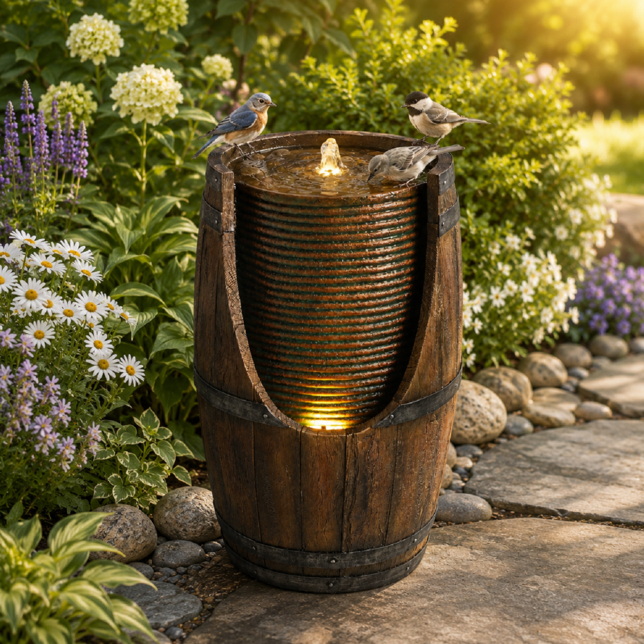 Barrel water fountain running in a planted garden bed