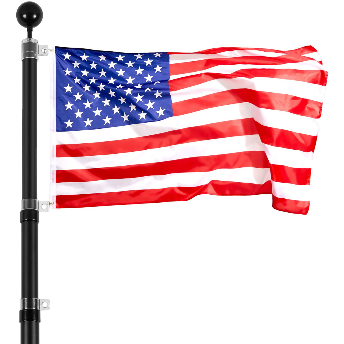 American flag flying from a black telescoping flagpole