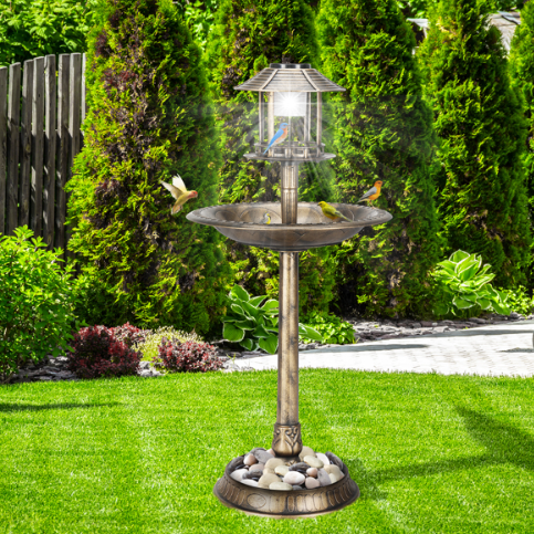 The bird bath in a back garden next to a flowering shrub, with a wooden fence and conifers behind it and a paved path to one side