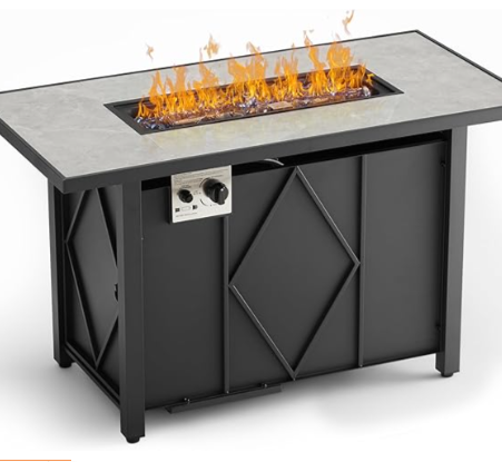 A 43-inch propane fire table with a stone-look top and lit burner
