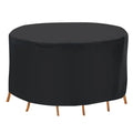 Round black patio table cover over a four-seat dining set