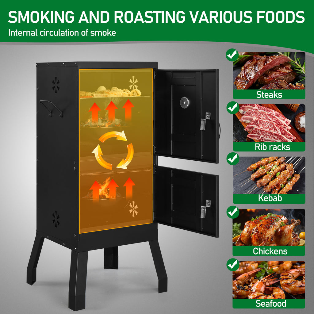 Two-door vertical charcoal smoker in black