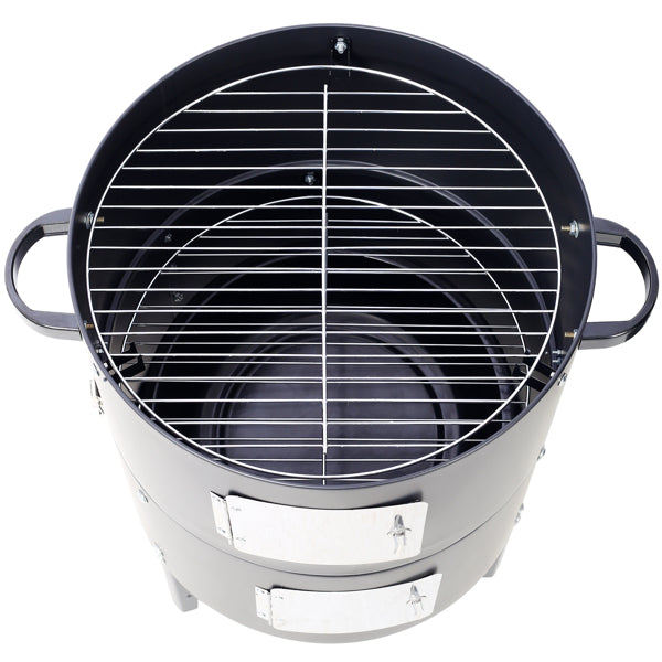 Top down view of the chrome cooking grate resting over the smoker bowl