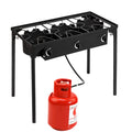 Three-burner outdoor gas stove with propane tank