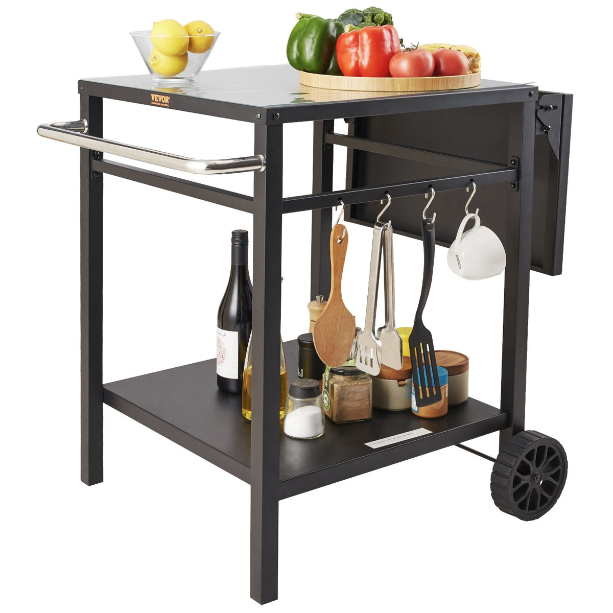 The cart with vegetables on the worktop and cooking utensils hanging from its side hooks