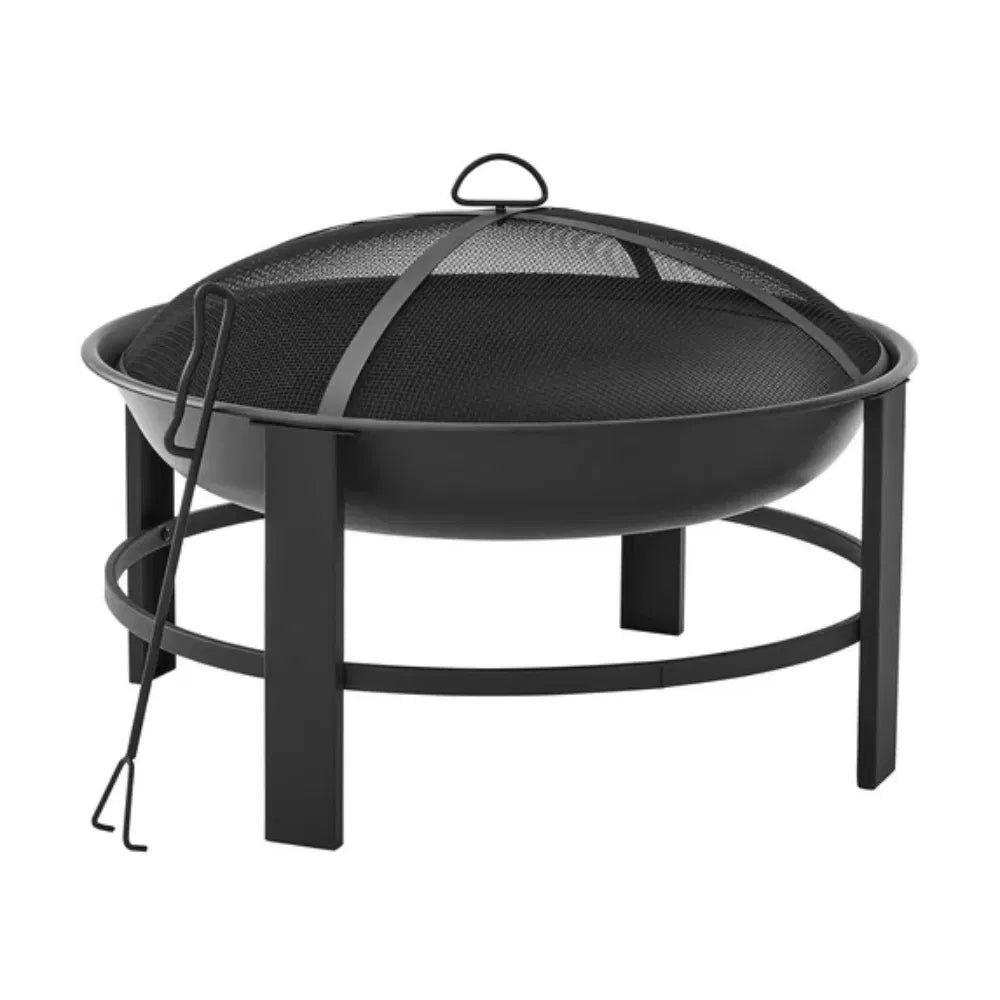 Fire pit set with poker, grate and PVC cover laid out