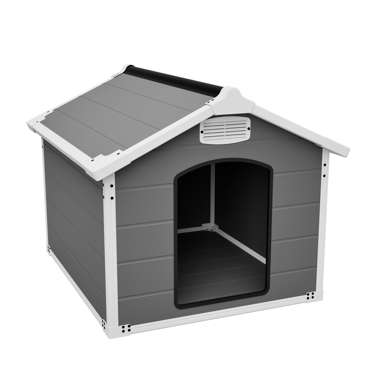 Angled view showing the dog house interior
