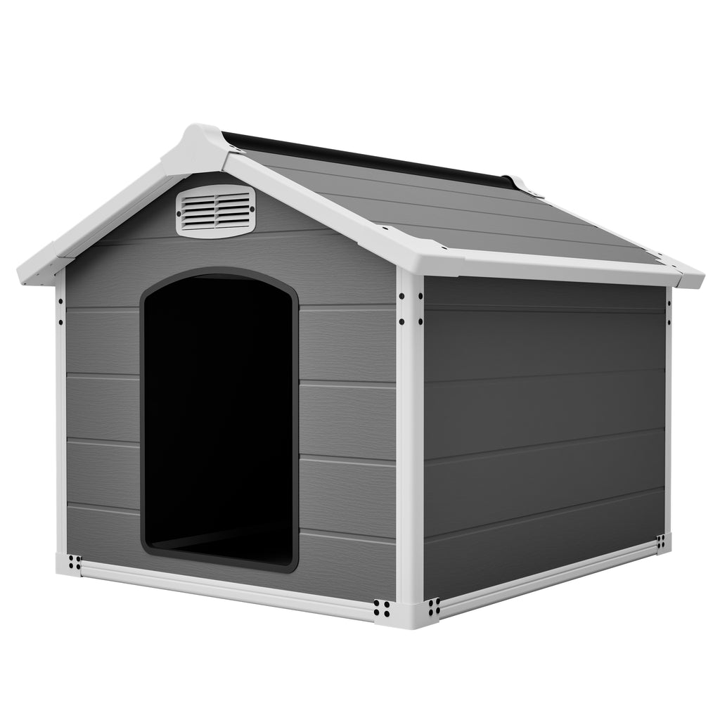 Three-quarter view of the gray dog house