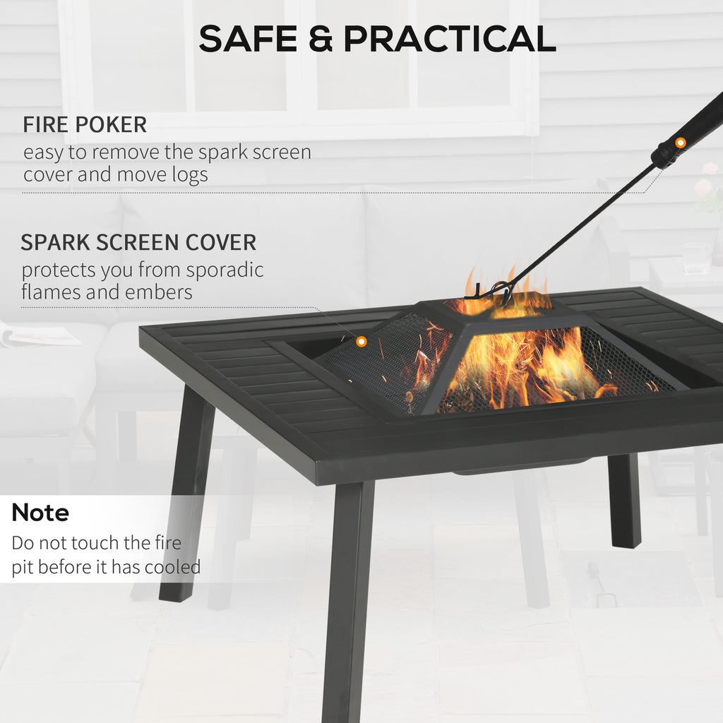 34-inch black steel wood burning fire pit with grill grate