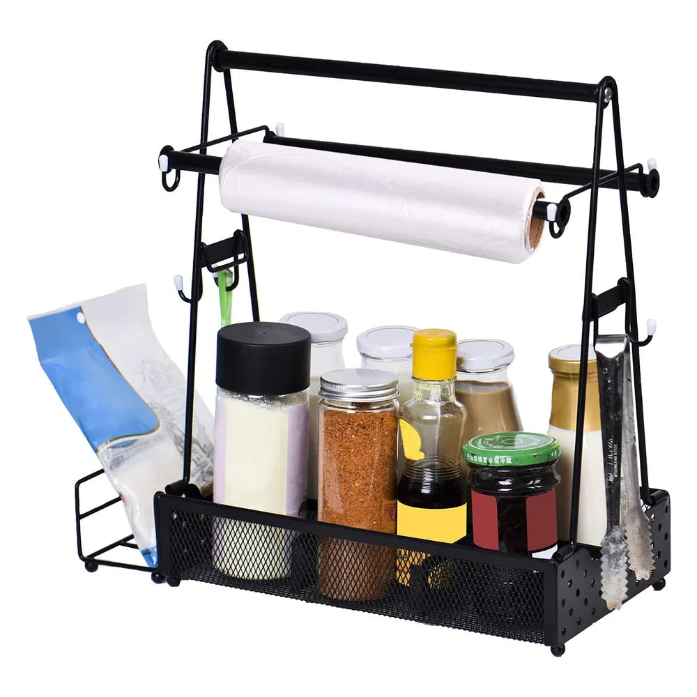 Grill caddy with paper towel roll and condiments