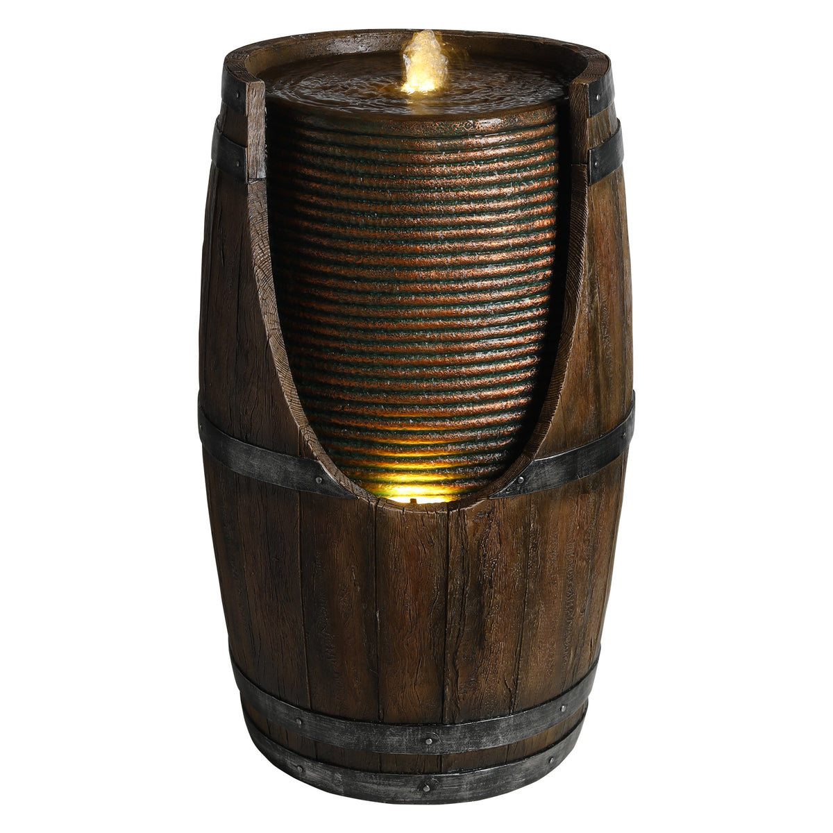Barrel water fountain on a plain background