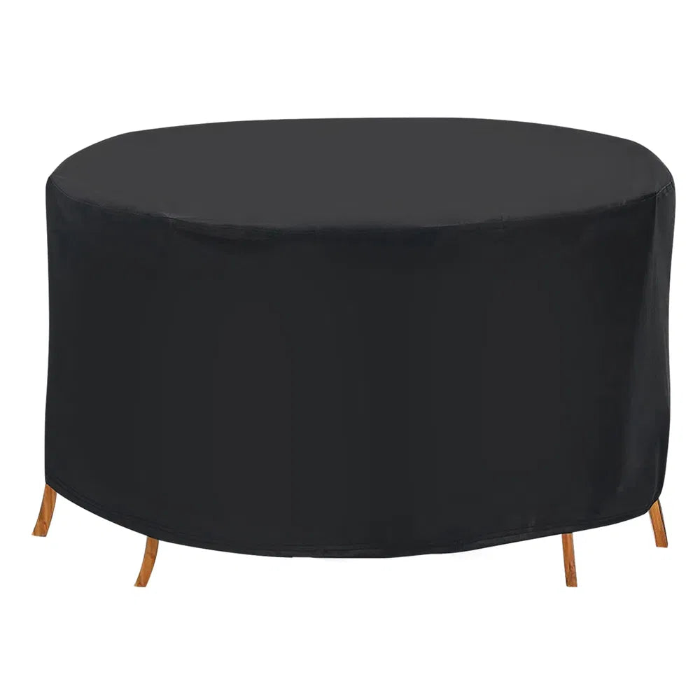Round patio table cover shown from a low angle